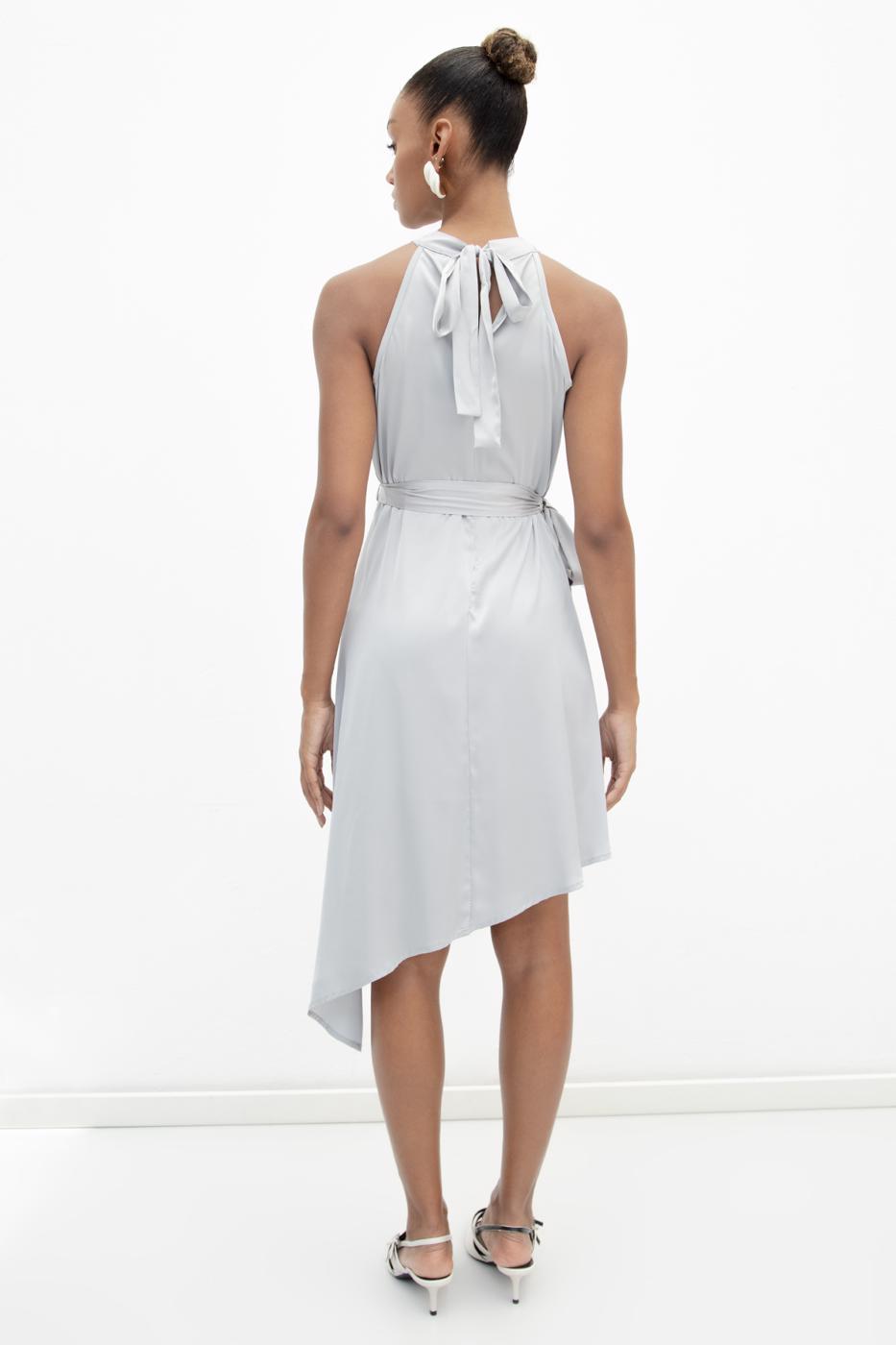 Satin Dress with Asymmetrical Hem Detail