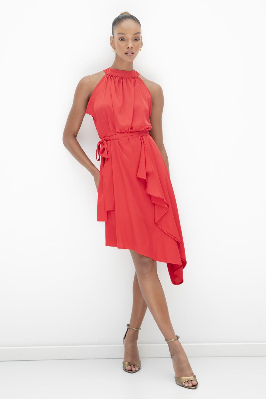 Satin Dress with Asymmetrical Hem Detail