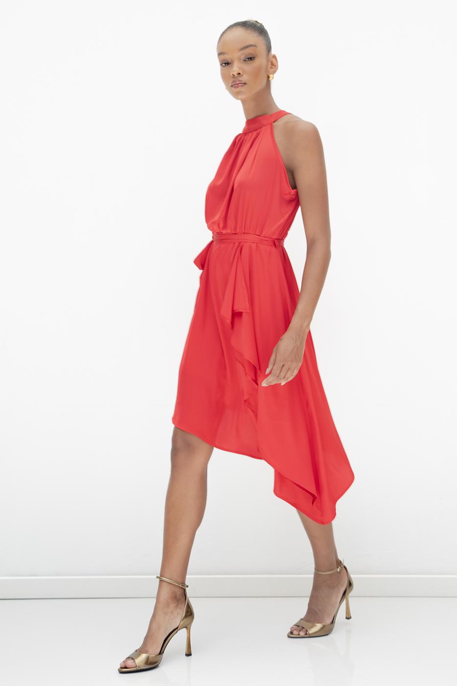 Satin Dress with Asymmetrical Hem Detail