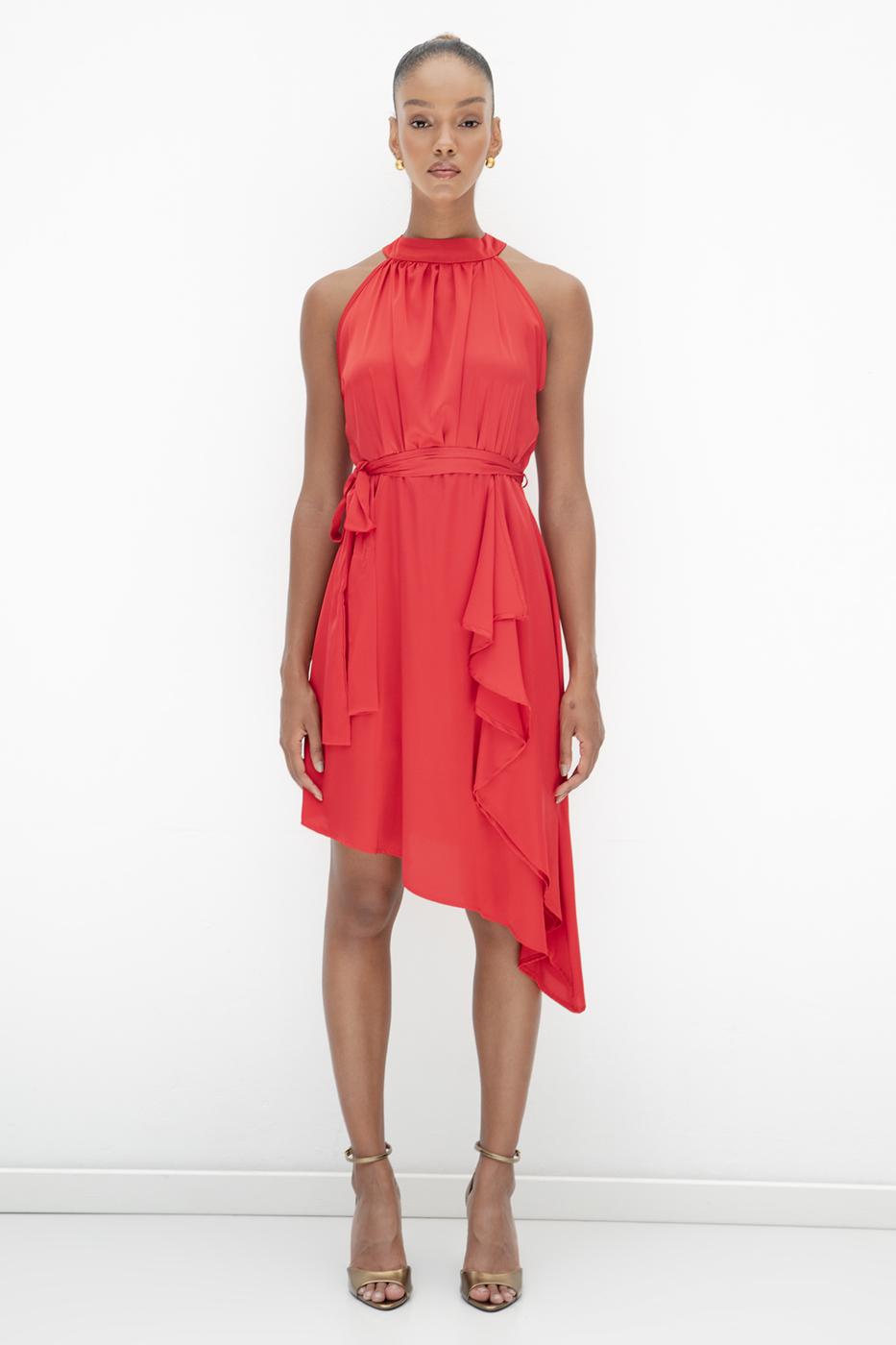Satin Dress with Asymmetrical Hem Detail