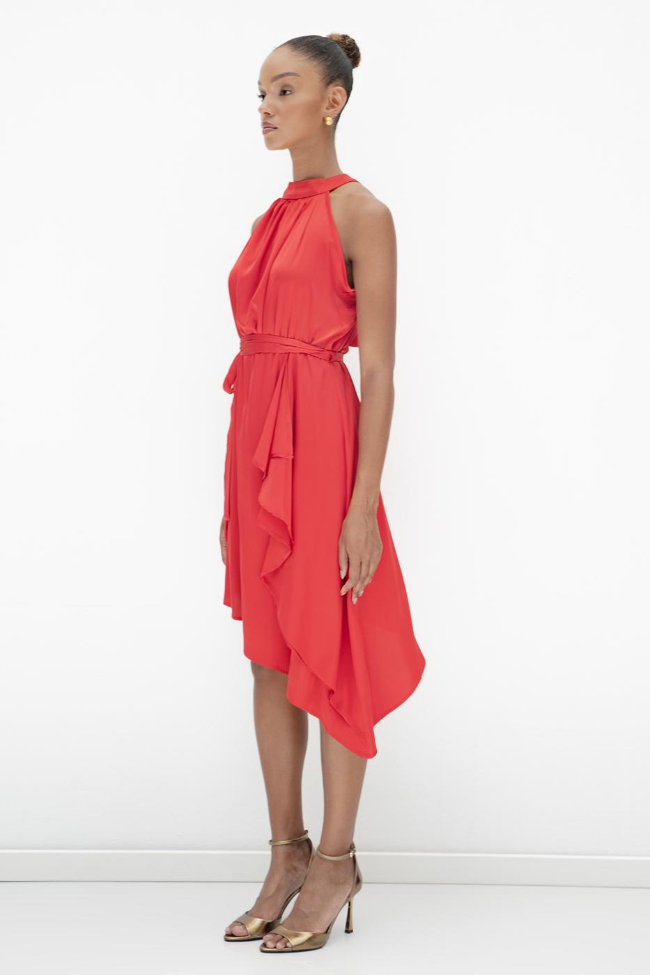 Satin Dress with Asymmetrical Hem Detail