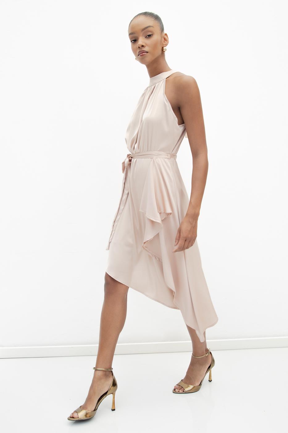 Satin Dress with Asymmetrical Hem Detail