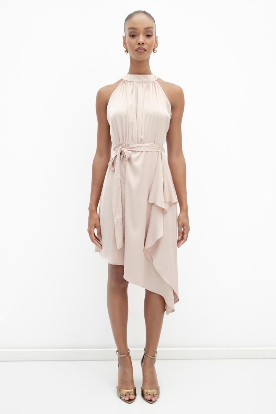 Satin Dress with Asymmetrical Hem Detail