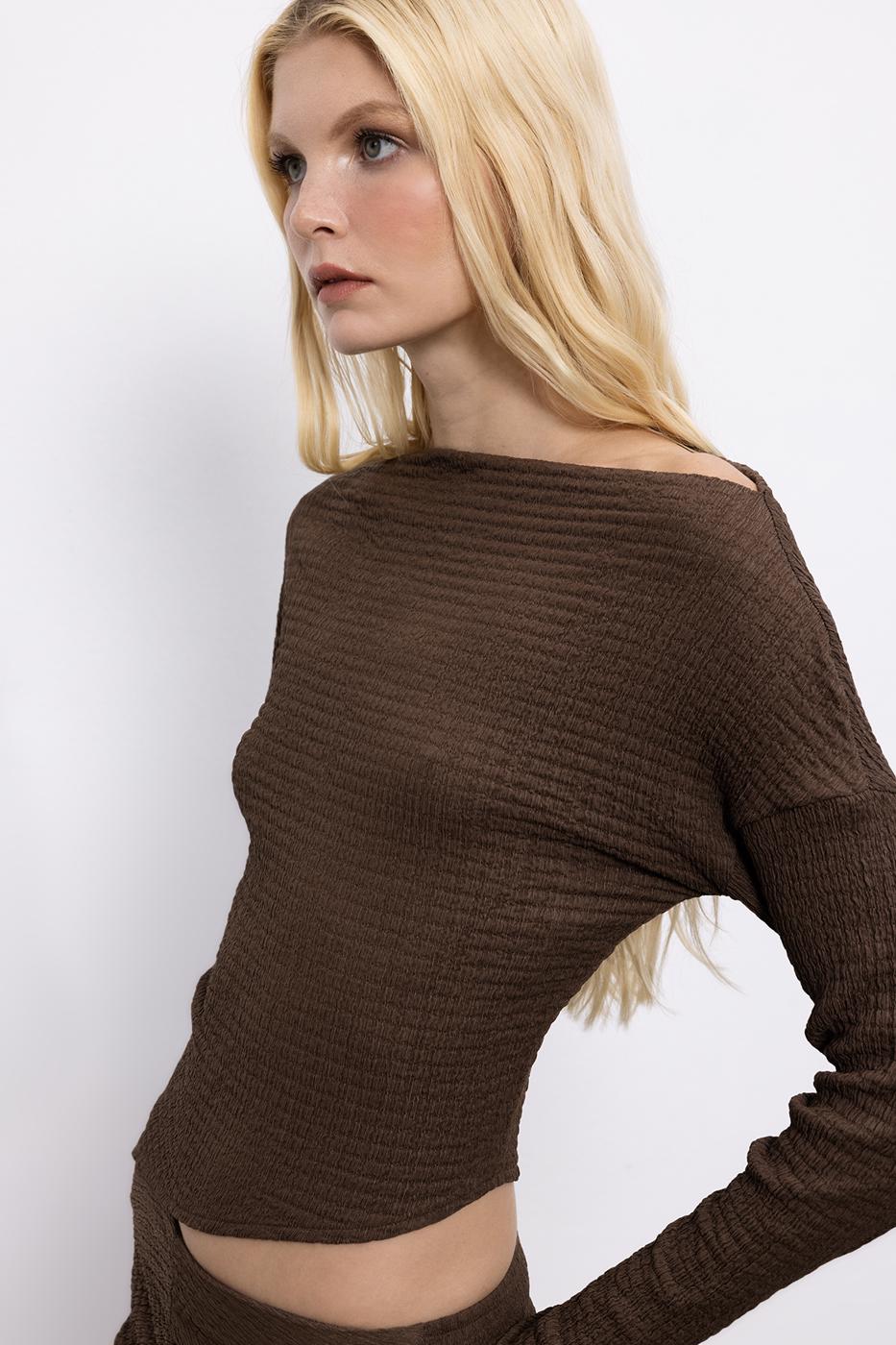 Asymmetric Cut Textured Top with Hem Detail Brown