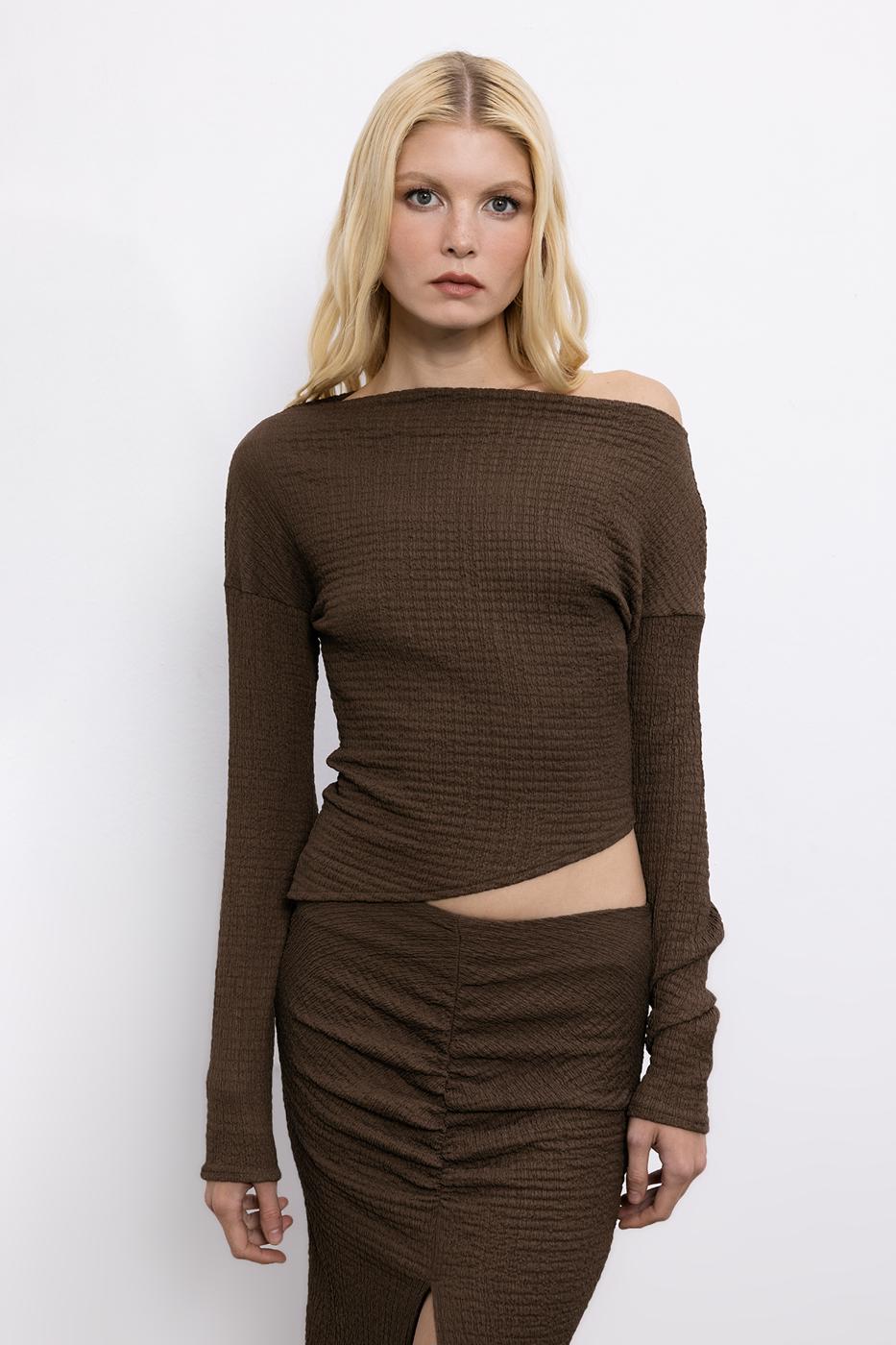 Asymmetric Cut Textured Top with Hem Detail Brown