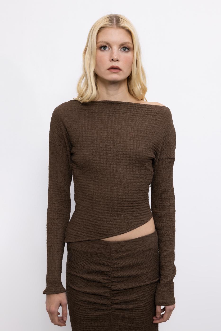 Asymmetric Cut Textured Top with Hem Detail Brown