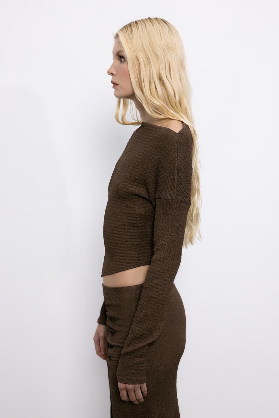 Asymmetric Cut Textured Top with Hem Detail Brown
