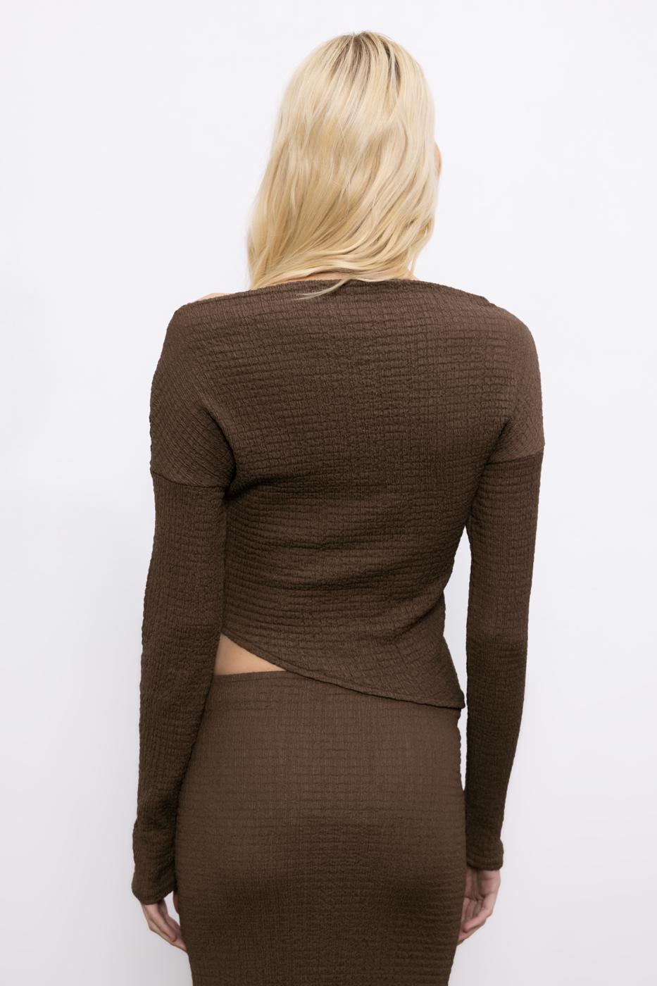 Asymmetric Cut Textured Top with Hem Detail Brown