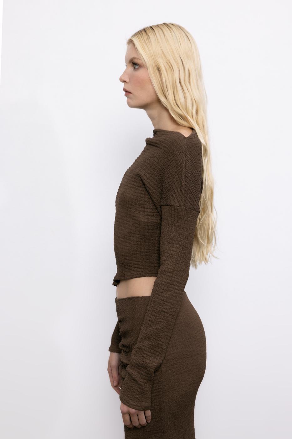 Asymmetric Cut Textured Top with Hem Detail Brown