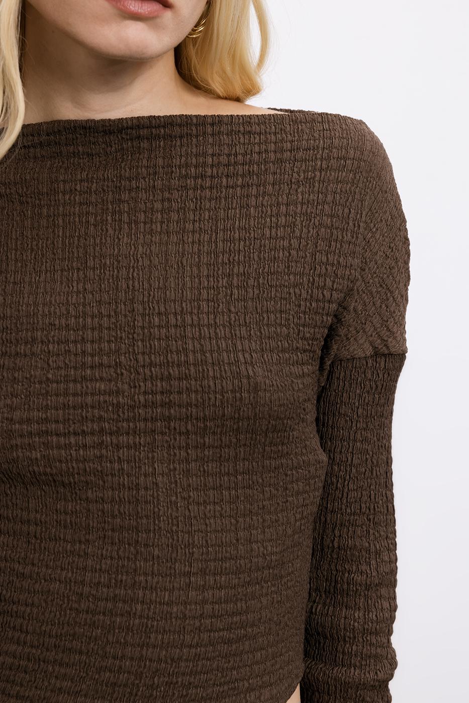 Asymmetric Cut Textured Top with Hem Detail Brown