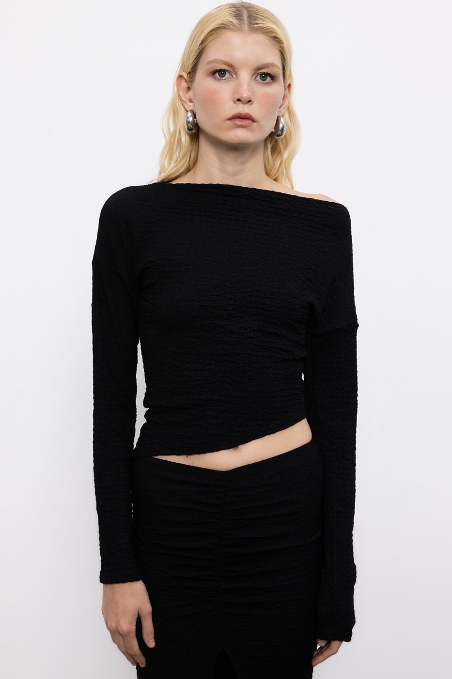 Asymmetric Cut Textured Top with Hem Detail Black