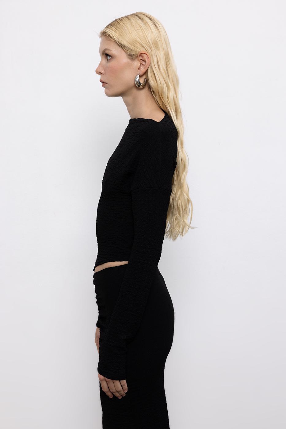 Asymmetric Cut Textured Top with Hem Detail Black
