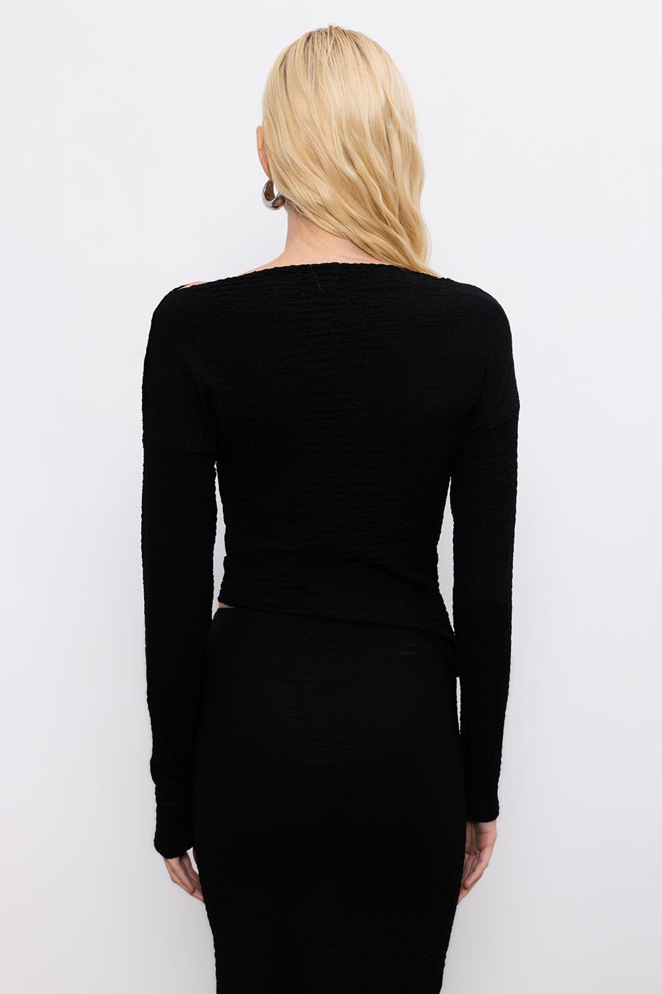Asymmetric Cut Textured Top with Hem Detail Black