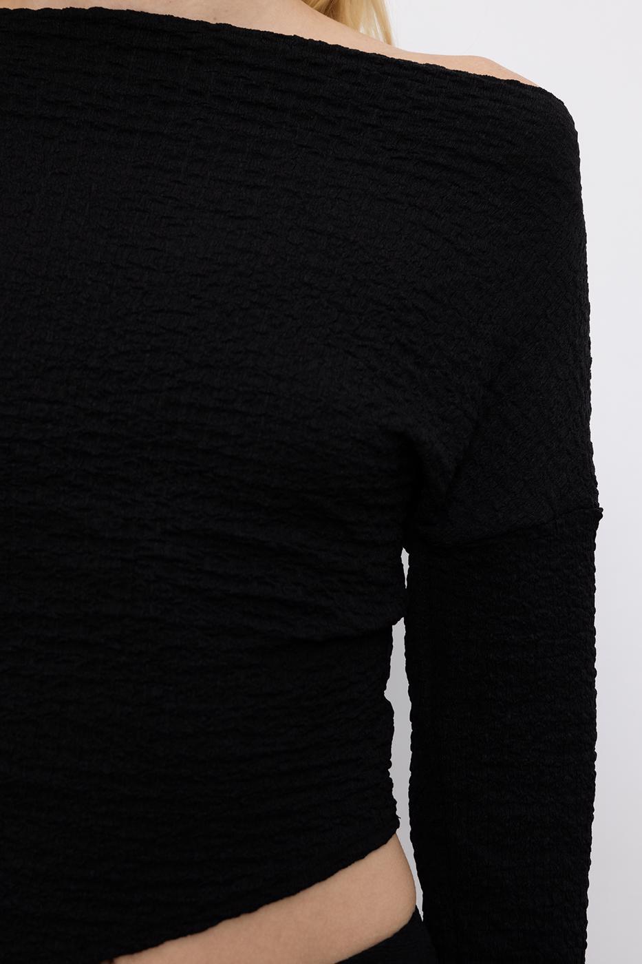 Asymmetric Cut Textured Top with Hem Detail Black