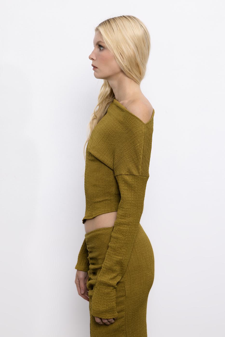Asymmetric Cut Textured Top with Hem Detail Green