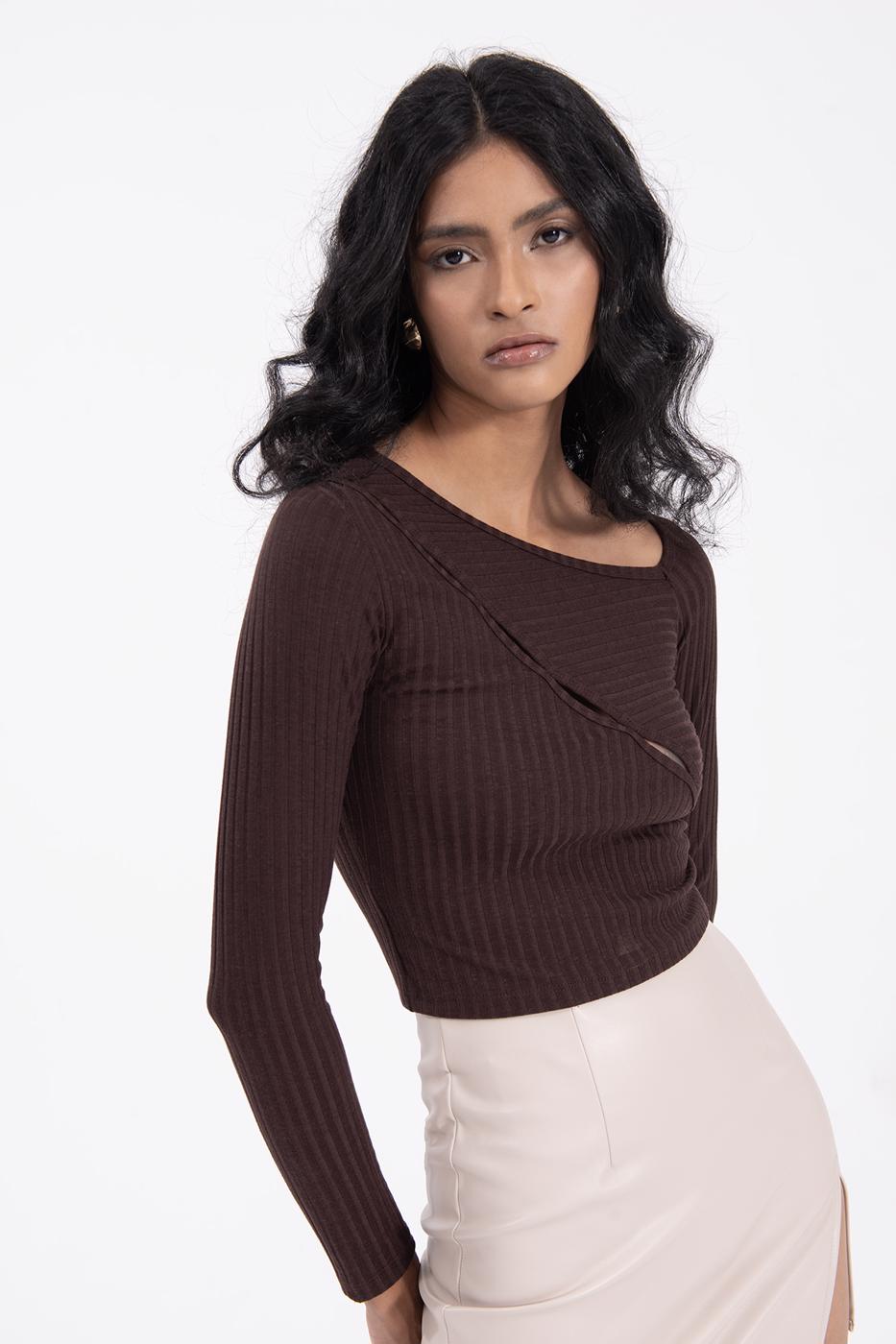 Asymetric collar detailed crop top Brown