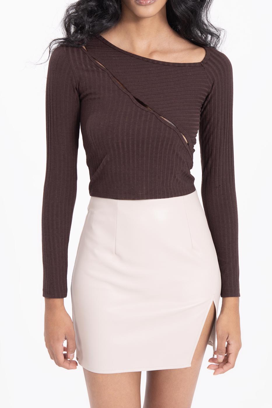 Asymetric collar detailed crop top Brown