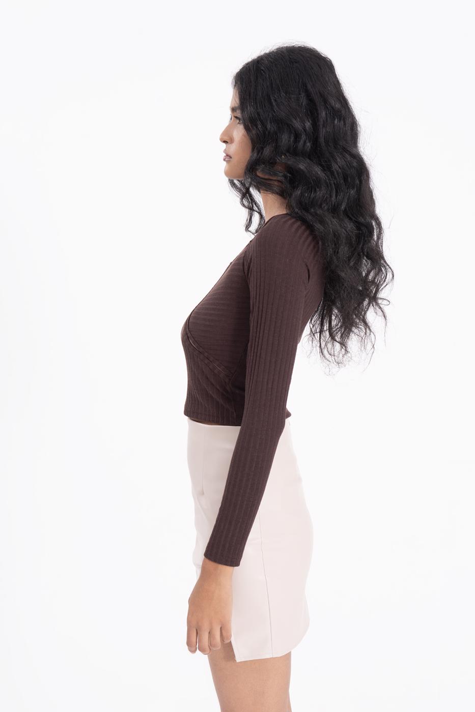 Asymetric collar detailed crop top Brown