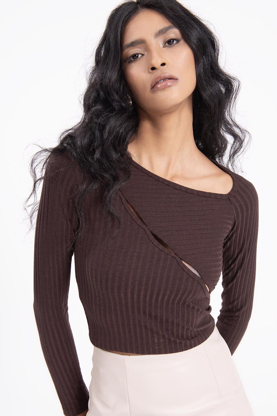 Asymetric collar detailed crop top Brown