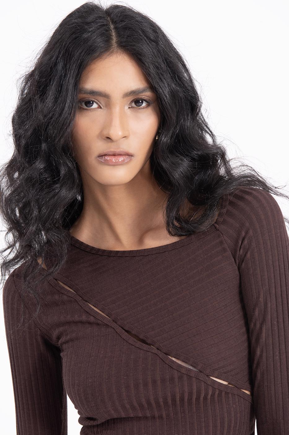 Asymetric collar detailed crop top Brown