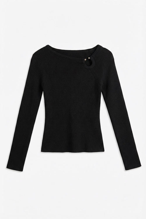 Asymmetrical Collar Buckle Knitted Top Black
