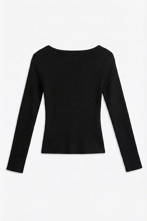 Asymmetrical Collar Buckle Knitted Top Black