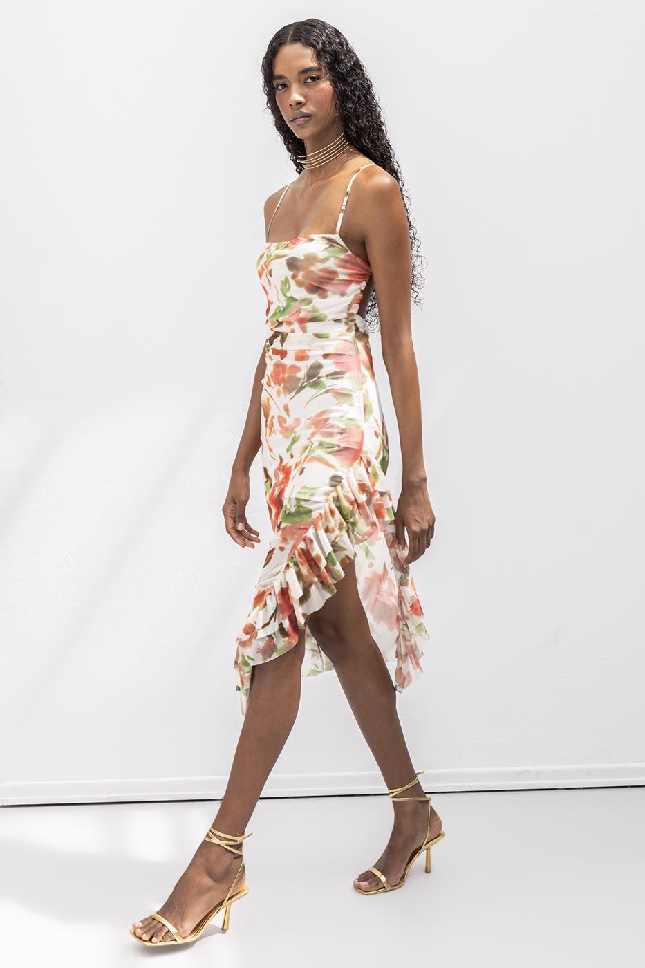 Strapless Ruffle Patterned Midi Dress Ecru