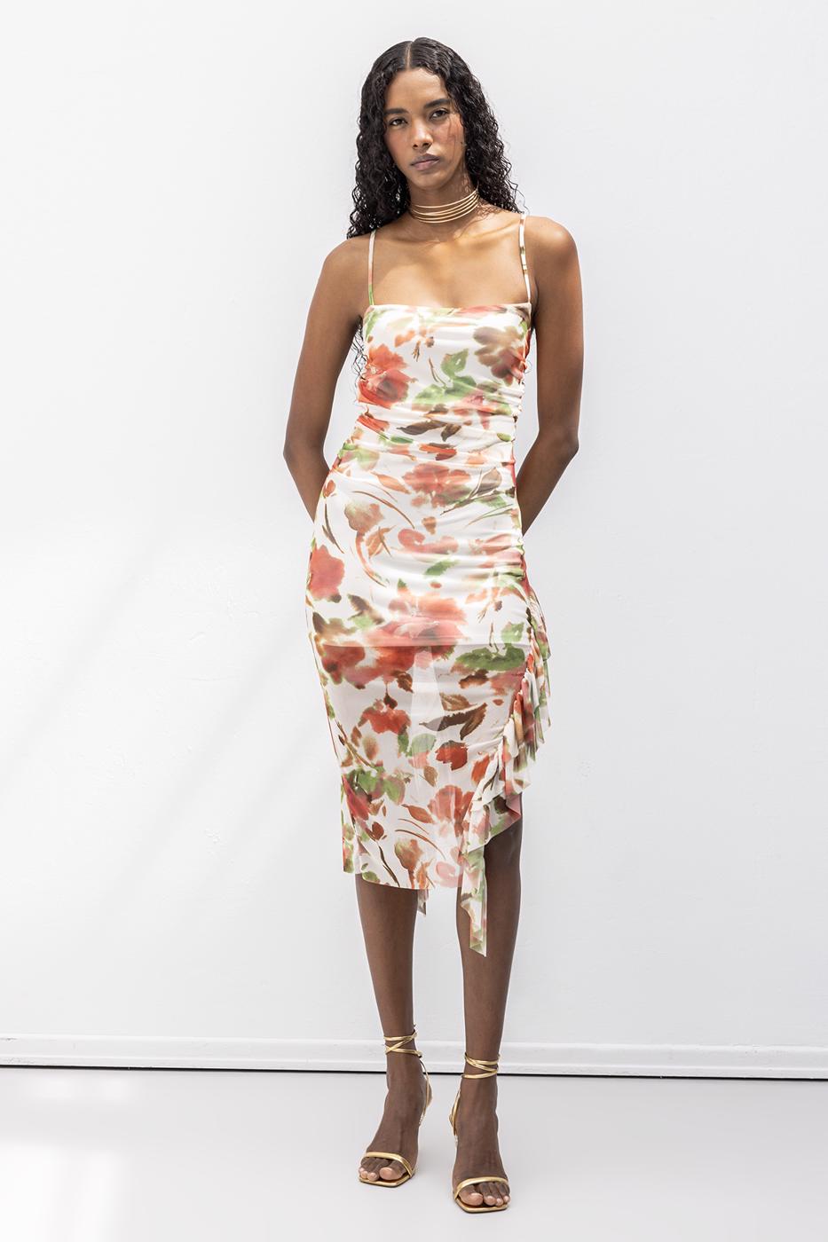 Strapless Ruffle Patterned Midi Dress Ecru