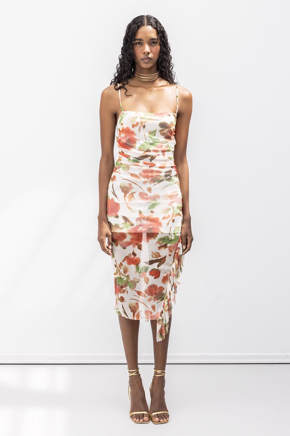 Strapless Ruffle Patterned Midi Dress Ecru