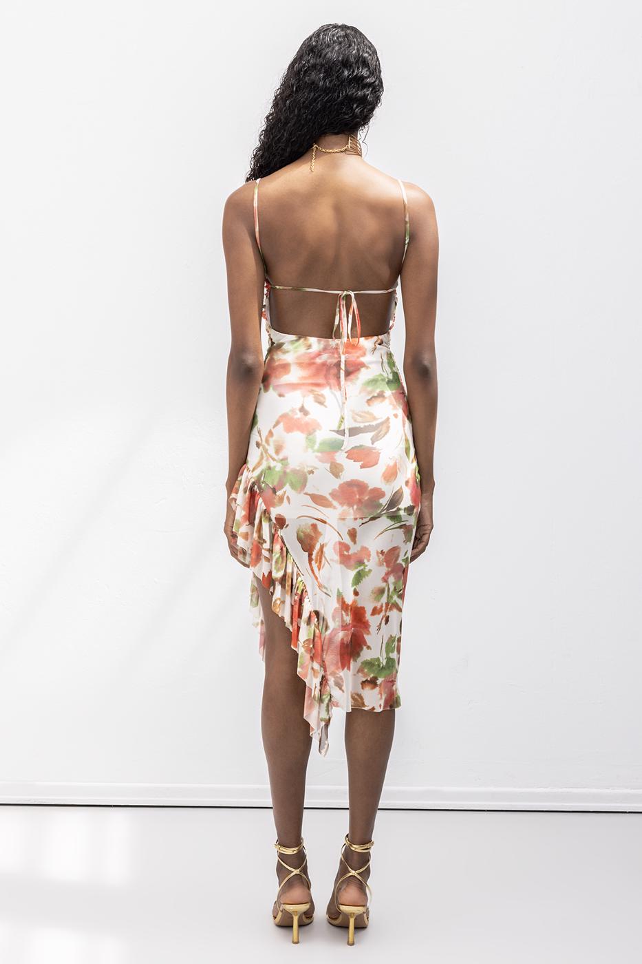 Strapless Ruffle Patterned Midi Dress Ecru