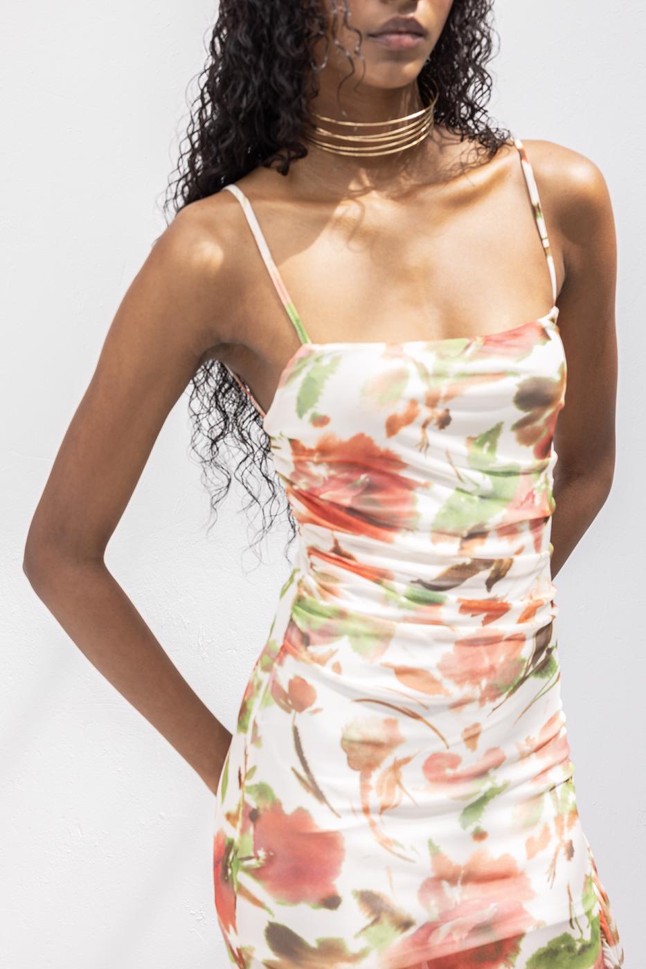 Strapless Ruffle Patterned Midi Dress Ecru