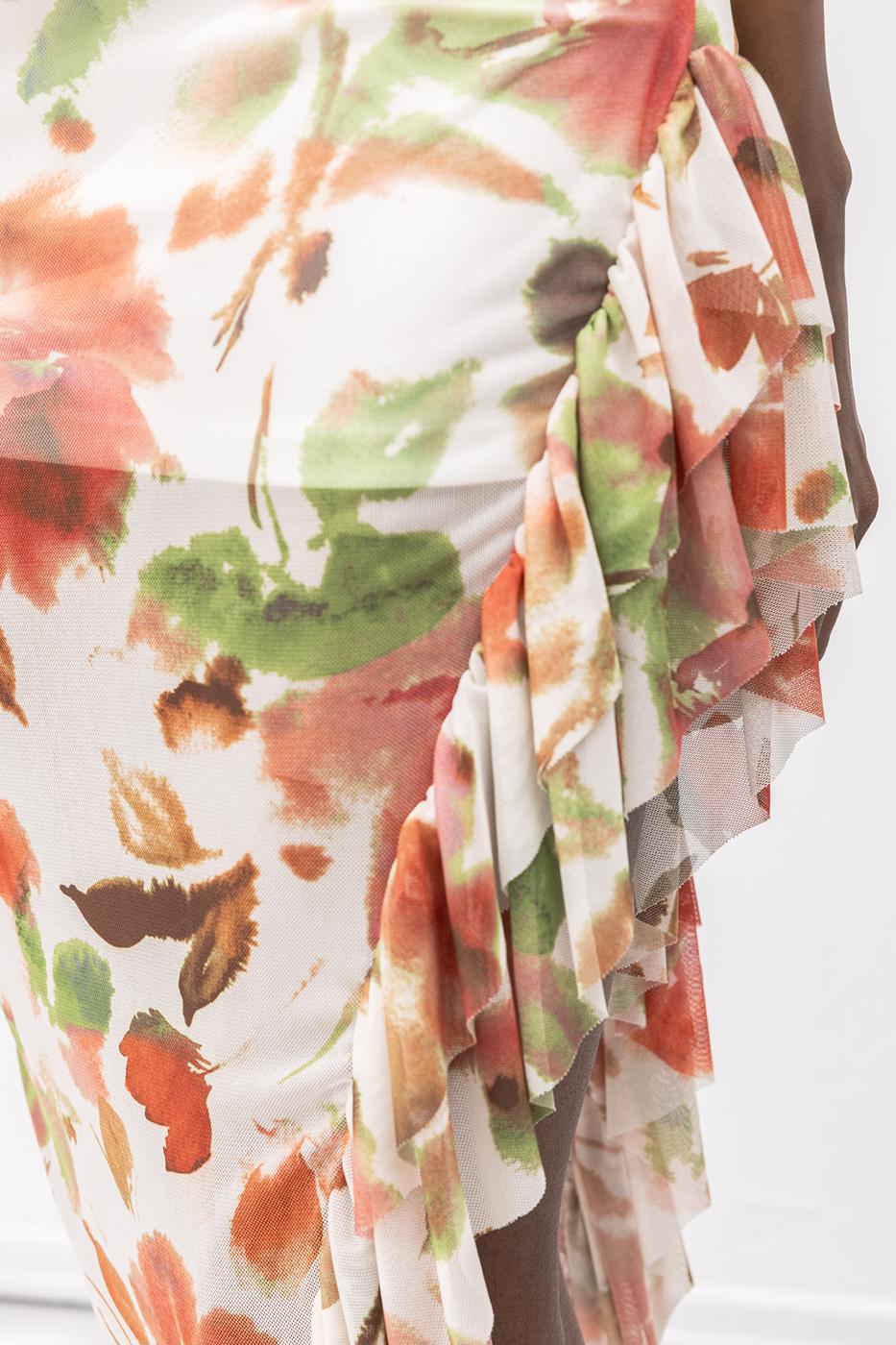 Strapless Ruffle Patterned Midi Dress Ecru