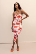 Strapless Ruffle Patterned Midi Dress Pink