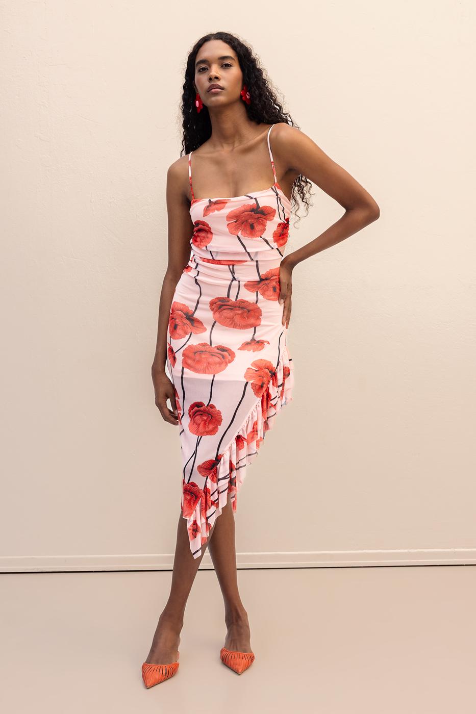 Strapless Ruffle Patterned Midi Dress Pink
