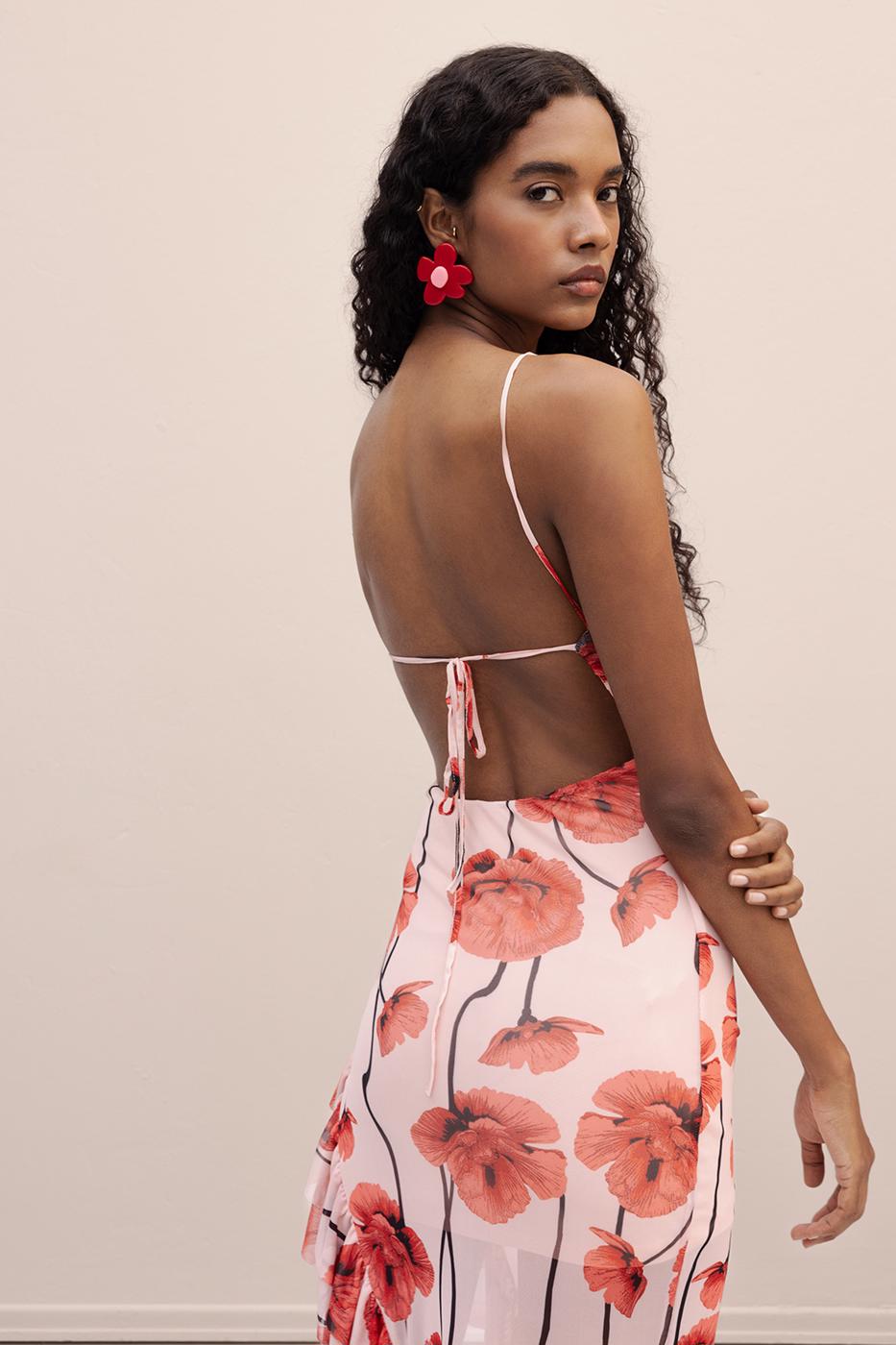 Strapless Ruffle Patterned Midi Dress Pink