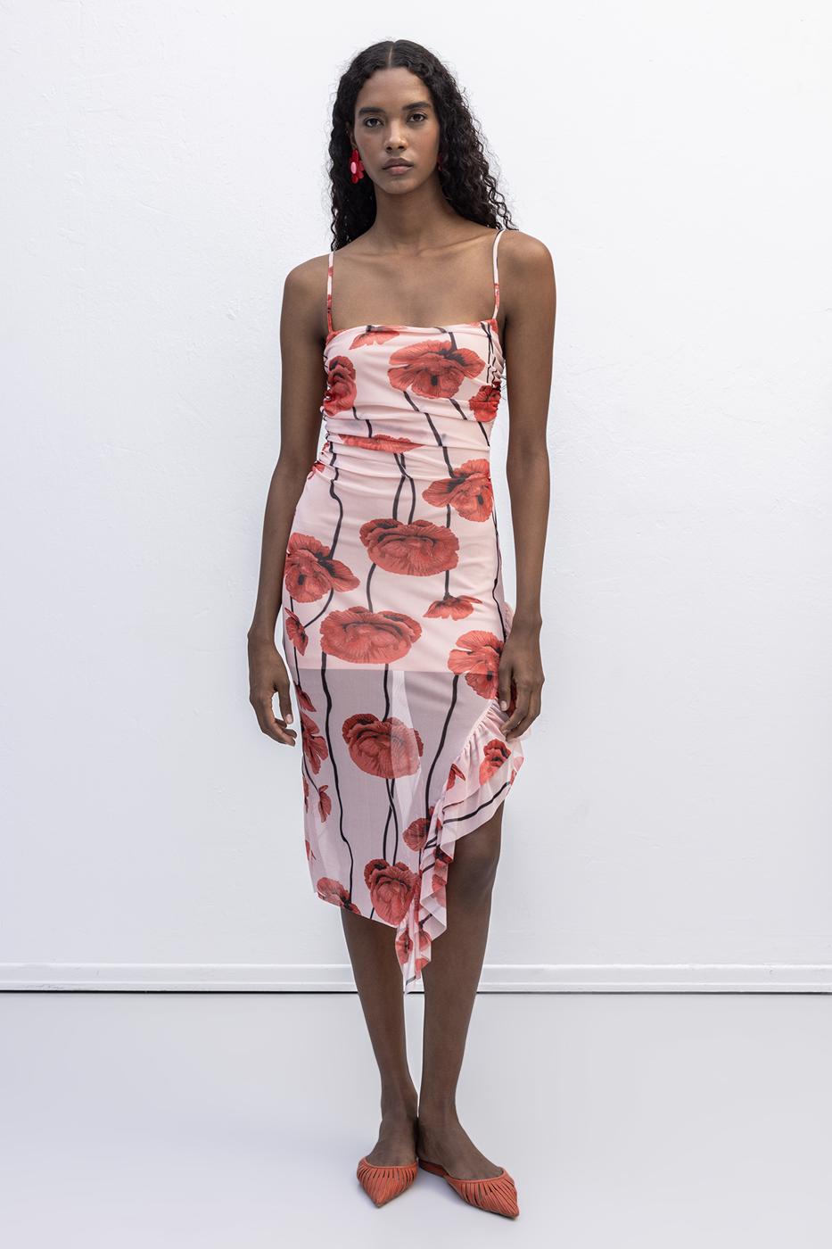 Strapless Ruffle Patterned Midi Dress Pink