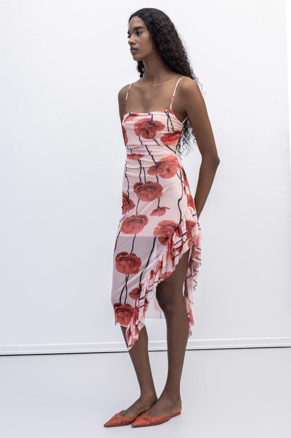 Strapless Ruffle Patterned Midi Dress Pink