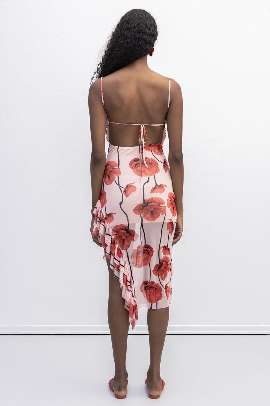 Strapless Ruffle Patterned Midi Dress Pink