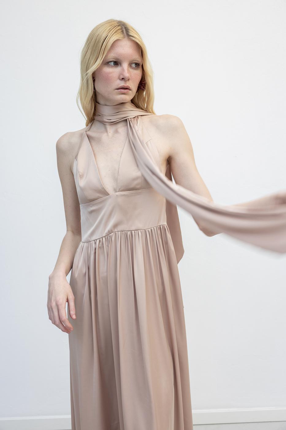 Strappy Scarf Detailed Maxi Satin Dress Beige