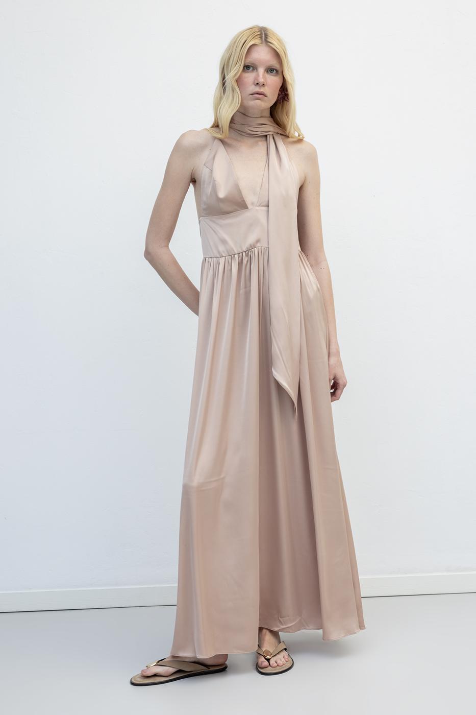Strappy Scarf Detailed Maxi Satin Dress Beige