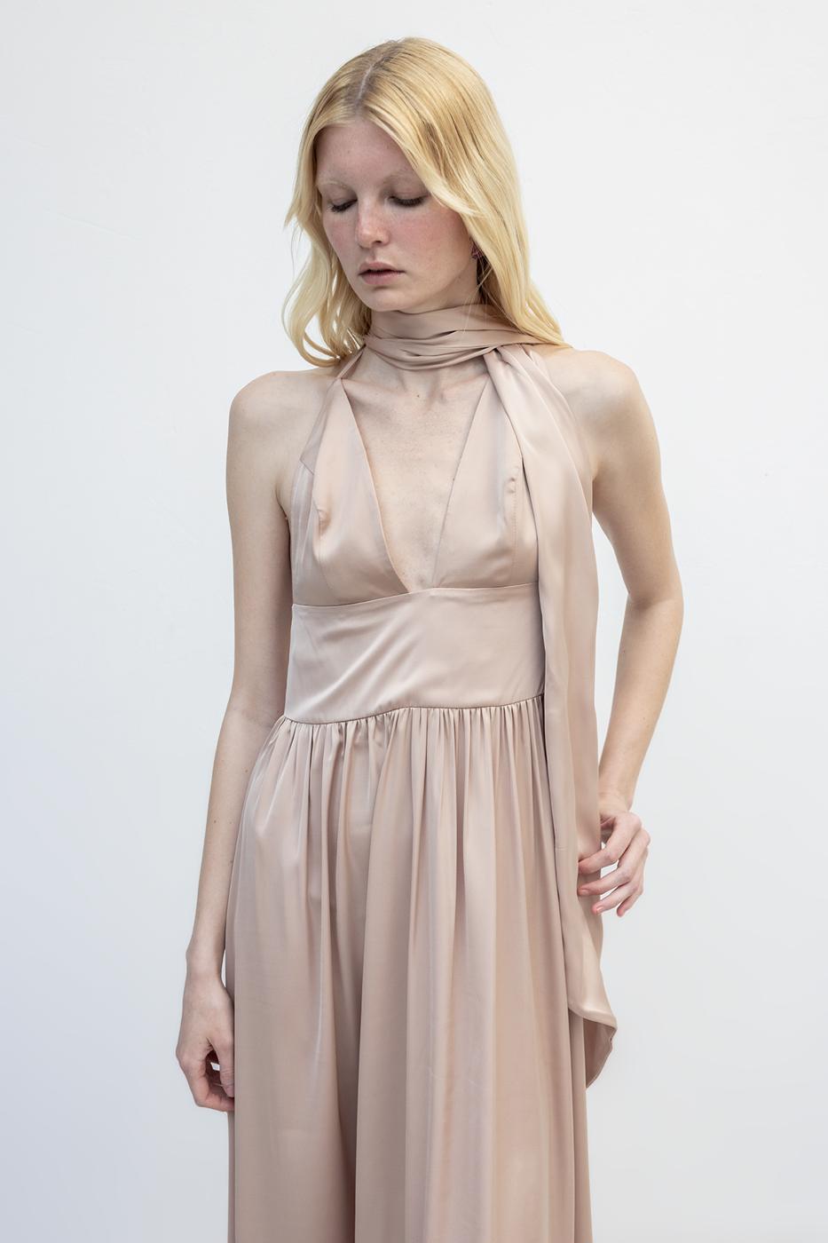 Strappy Scarf Detailed Maxi Satin Dress Beige