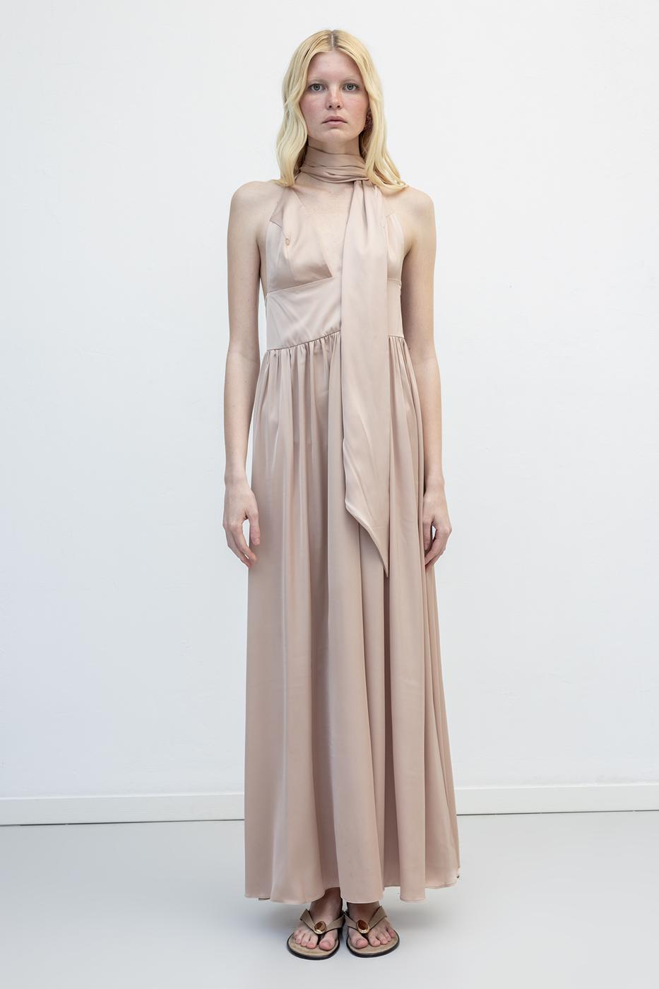 Strappy Scarf Detailed Maxi Satin Dress Beige
