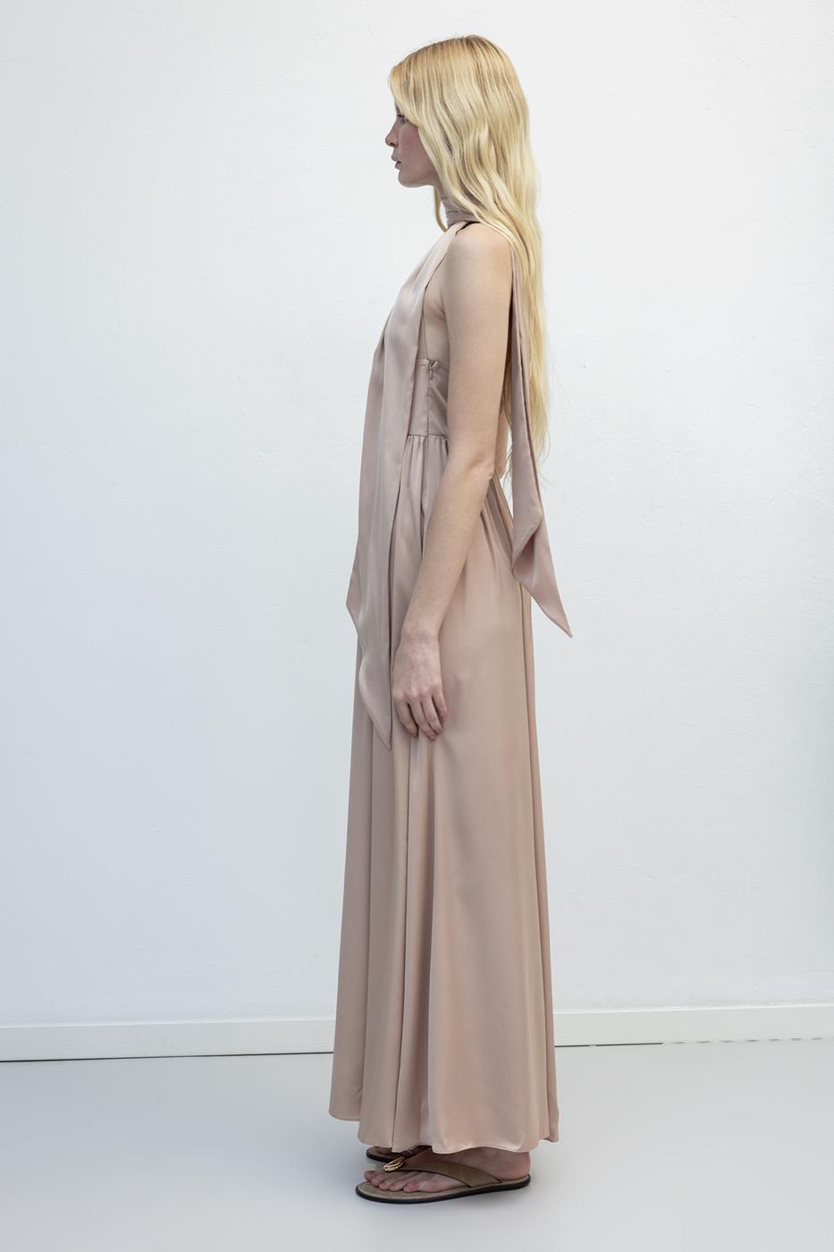 Strappy Scarf Detailed Maxi Satin Dress Beige