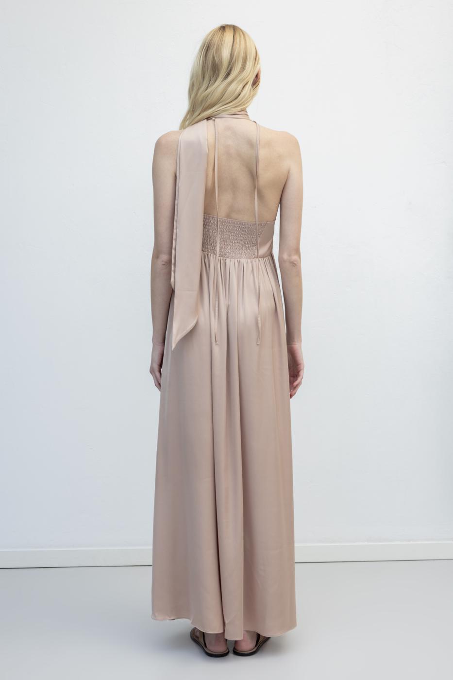 Strappy Scarf Detailed Maxi Satin Dress Beige
