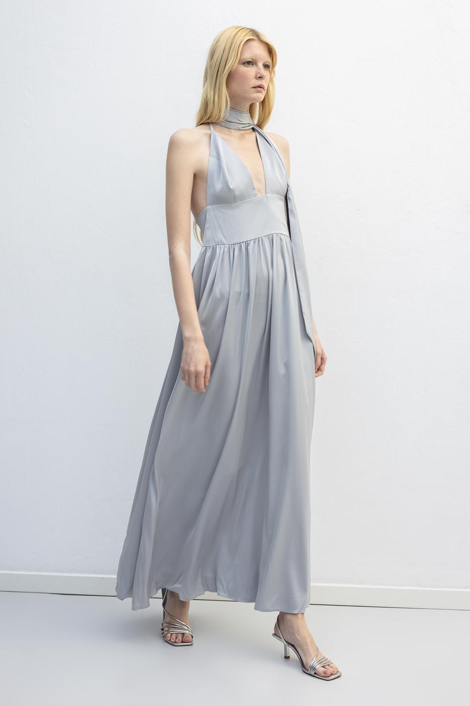 Strappy Scarf Detailed Maxi Satin Dress Grey