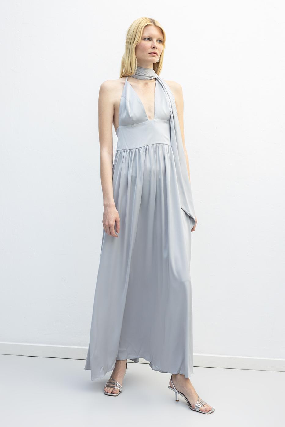 Strappy Scarf Detailed Maxi Satin Dress Grey