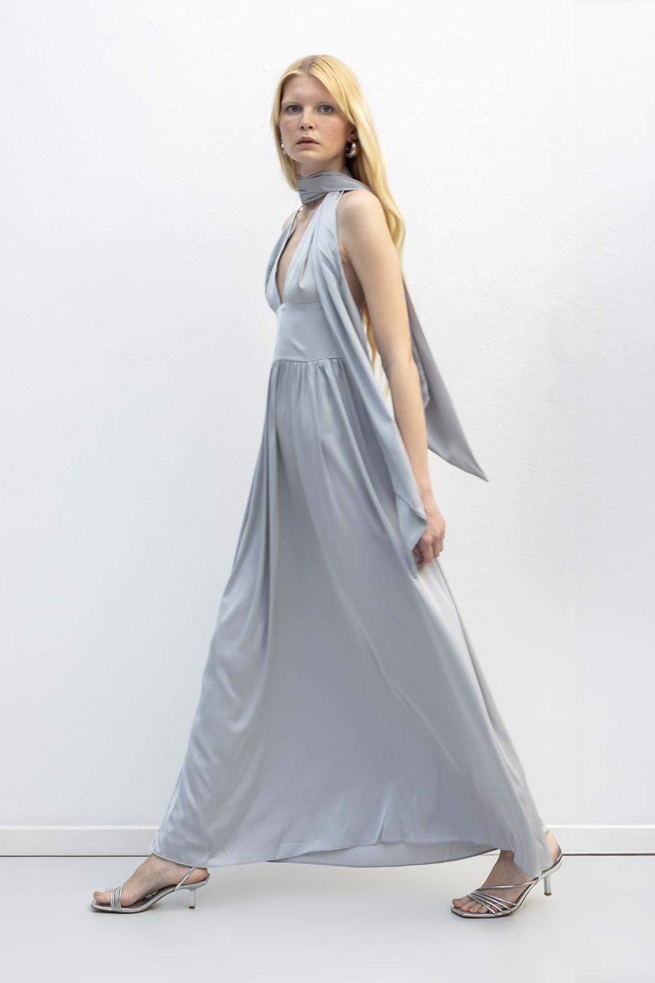 Strappy Scarf Detailed Maxi Satin Dress Grey