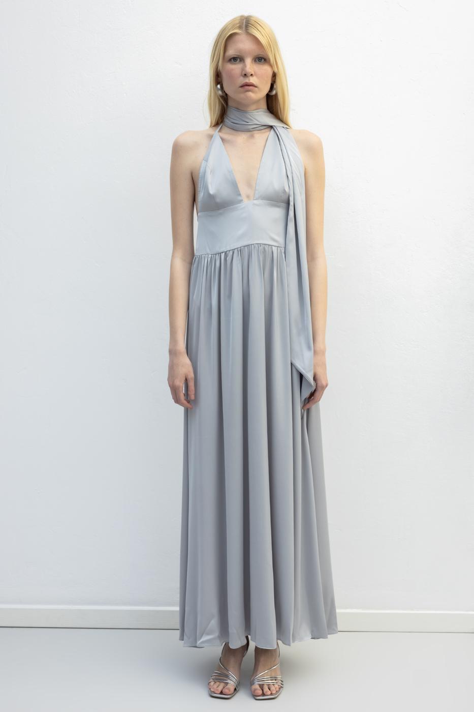 Strappy Scarf Detailed Maxi Satin Dress Grey