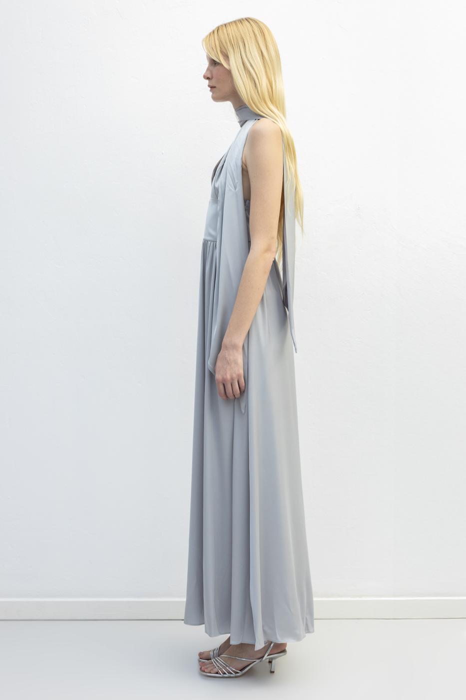 Strappy Scarf Detailed Maxi Satin Dress Grey