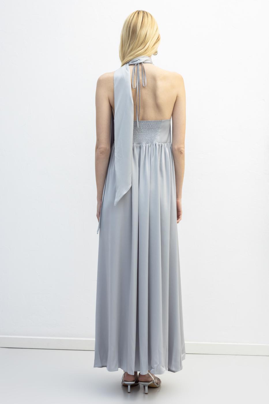 Strappy Scarf Detailed Maxi Satin Dress Grey